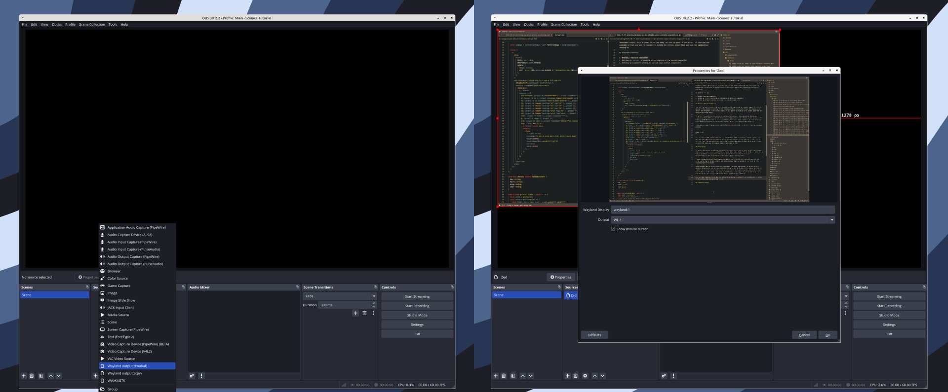 Screenshot showing OBS Studio with a menu of source options and a second showing the Source properties